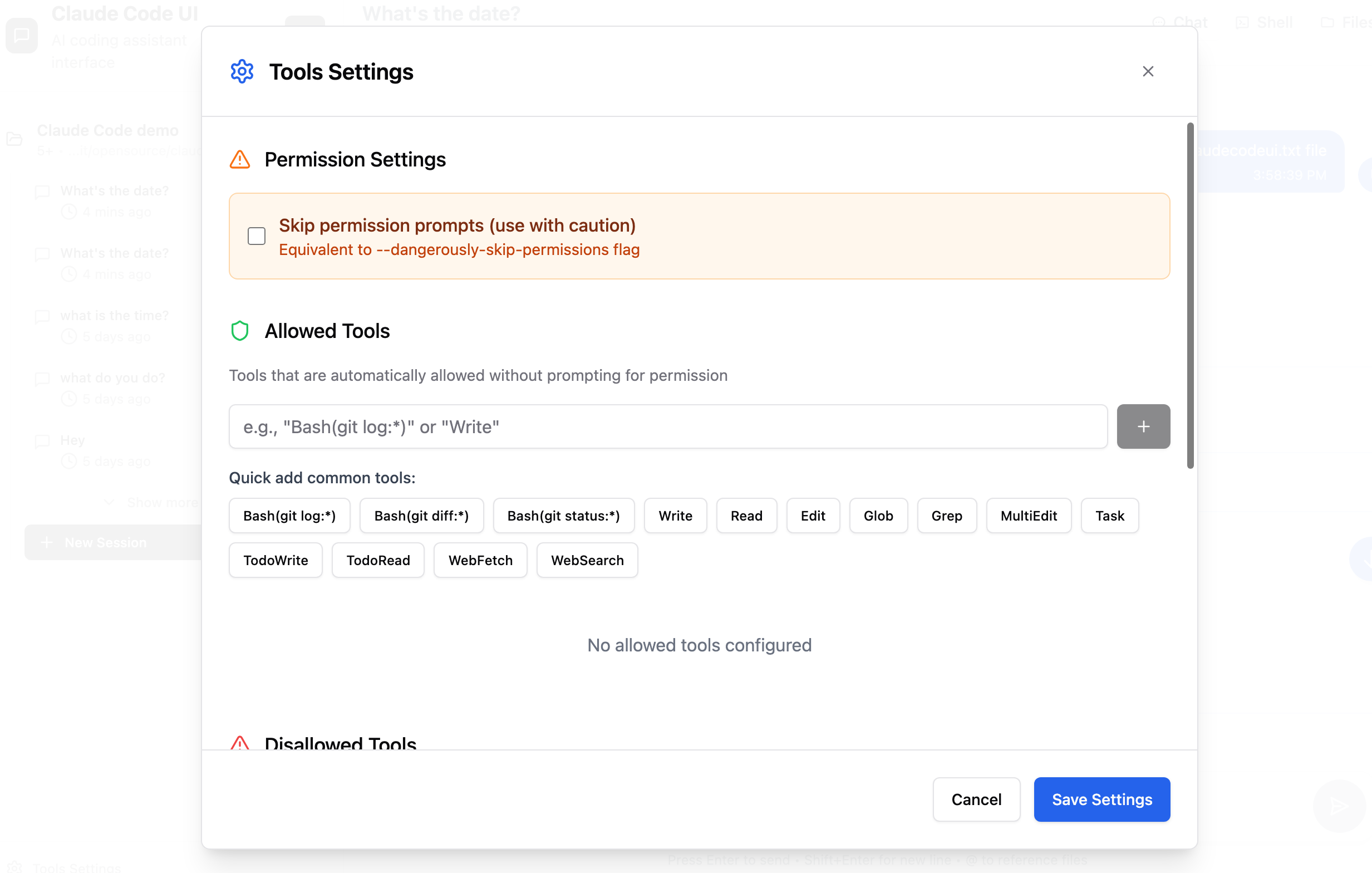Tools Settings Modal